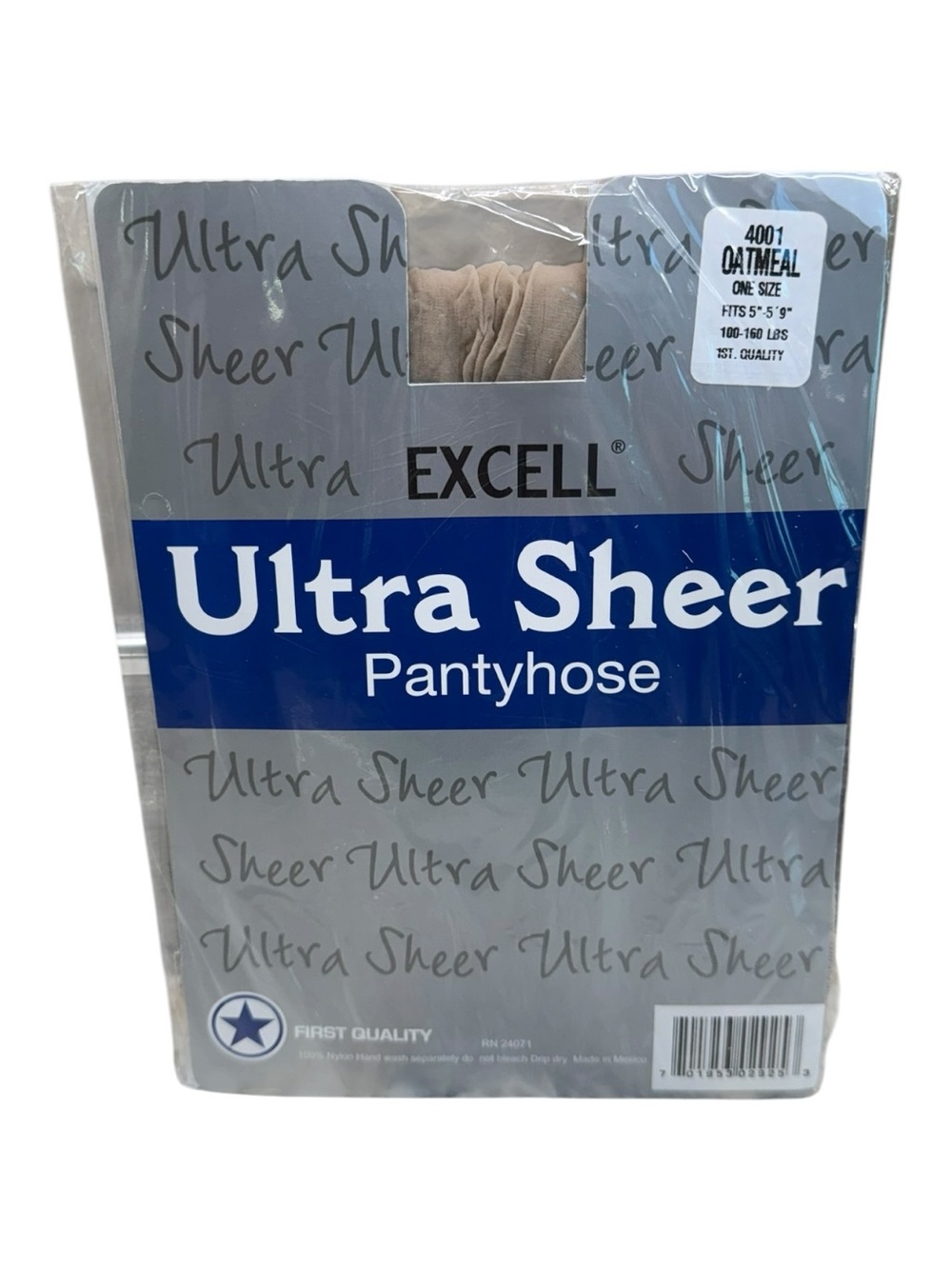 Excell Ultra Sheer Pantyhose 100% Nylon First Quality One Size Oatmeal 100-160